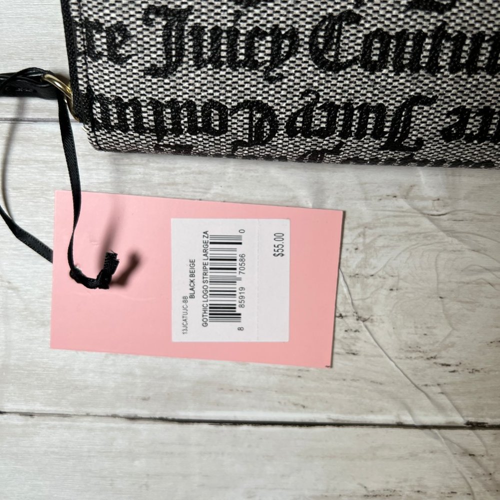 Juicy Couture Billboard Gothic Logo Stripe Black Beige Large Zip Around Wallet - Picture 2 of 4